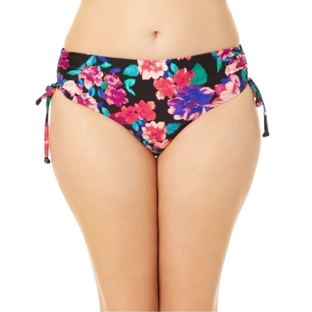 Time and Tru Womens Plus 1X‎ Floral High Waist Bikini Bottom Black Pink Purple